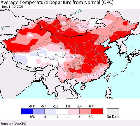 China, Mongolia and Taiwan Average Temperature Departure from Normal (CPC) Thematic Map For 12/4/2023 - 12/10/2023