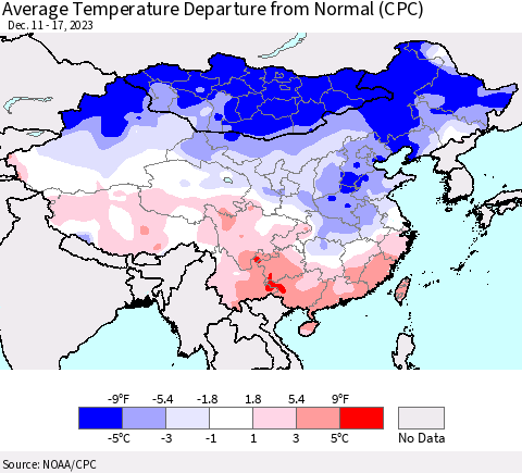 China, Mongolia and Taiwan Average Temperature Departure from Normal (CPC) Thematic Map For 12/11/2023 - 12/17/2023
