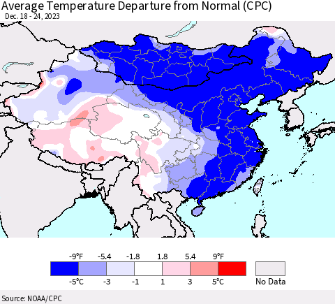 China, Mongolia and Taiwan Average Temperature Departure from Normal (CPC) Thematic Map For 12/18/2023 - 12/24/2023