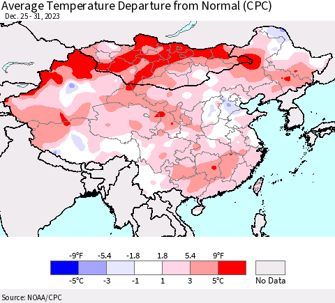China, Mongolia and Taiwan Average Temperature Departure from Normal (CPC) Thematic Map For 12/25/2023 - 12/31/2023