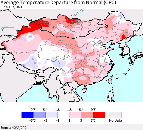 China, Mongolia and Taiwan Average Temperature Departure from Normal (CPC) Thematic Map For 1/1/2024 - 1/7/2024