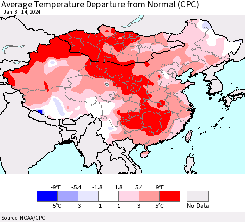 China, Mongolia and Taiwan Average Temperature Departure from Normal (CPC) Thematic Map For 1/8/2024 - 1/14/2024