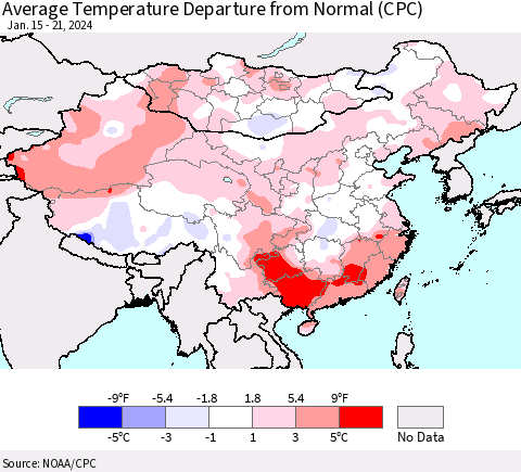 China, Mongolia and Taiwan Average Temperature Departure from Normal (CPC) Thematic Map For 1/15/2024 - 1/21/2024