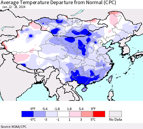 China, Mongolia and Taiwan Average Temperature Departure from Normal (CPC) Thematic Map For 1/22/2024 - 1/28/2024
