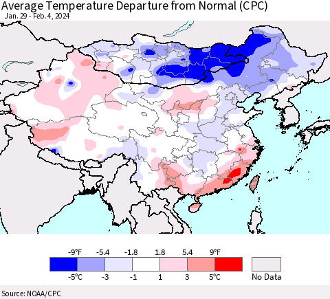 China, Mongolia and Taiwan Average Temperature Departure from Normal (CPC) Thematic Map For 1/29/2024 - 2/4/2024