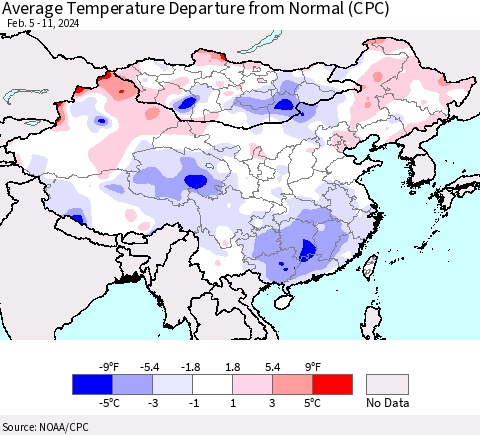 China, Mongolia and Taiwan Average Temperature Departure from Normal (CPC) Thematic Map For 2/5/2024 - 2/11/2024