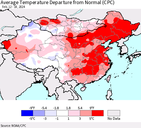 China, Mongolia and Taiwan Average Temperature Departure from Normal (CPC) Thematic Map For 2/12/2024 - 2/18/2024
