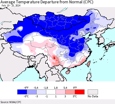 China, Mongolia and Taiwan Average Temperature Departure from Normal (CPC) Thematic Map For 2/19/2024 - 2/25/2024