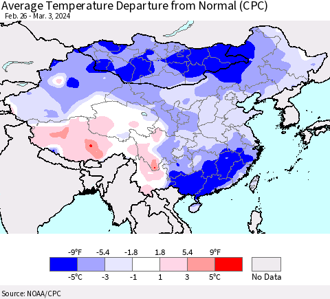 China, Mongolia and Taiwan Average Temperature Departure from Normal (CPC) Thematic Map For 2/26/2024 - 3/3/2024