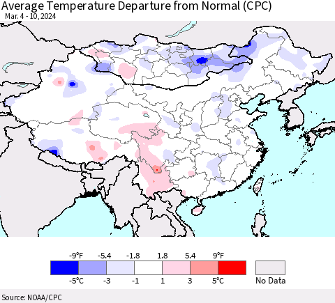 China, Mongolia and Taiwan Average Temperature Departure from Normal (CPC) Thematic Map For 3/4/2024 - 3/10/2024