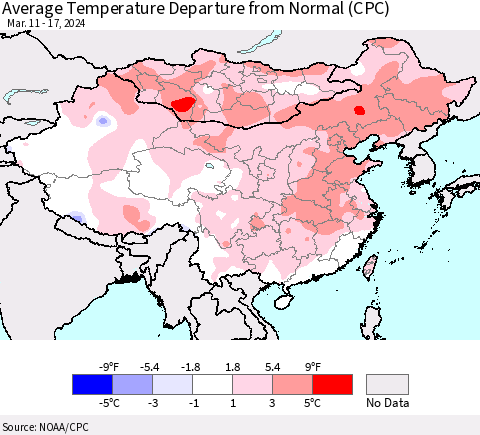 China, Mongolia and Taiwan Average Temperature Departure from Normal (CPC) Thematic Map For 3/11/2024 - 3/17/2024
