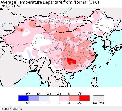 China, Mongolia and Taiwan Average Temperature Departure from Normal (CPC) Thematic Map For 3/18/2024 - 3/24/2024