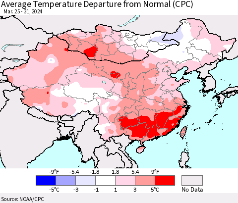 China, Mongolia and Taiwan Average Temperature Departure from Normal (CPC) Thematic Map For 3/25/2024 - 3/31/2024