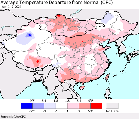 China, Mongolia and Taiwan Average Temperature Departure from Normal (CPC) Thematic Map For 4/1/2024 - 4/7/2024