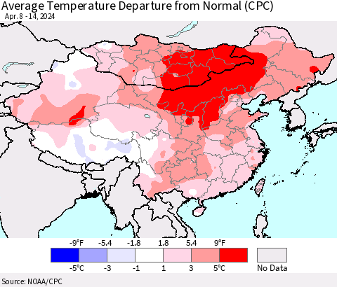 China, Mongolia and Taiwan Average Temperature Departure from Normal (CPC) Thematic Map For 4/8/2024 - 4/14/2024