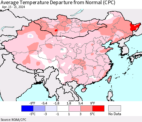 China, Mongolia and Taiwan Average Temperature Departure from Normal (CPC) Thematic Map For 4/15/2024 - 4/21/2024