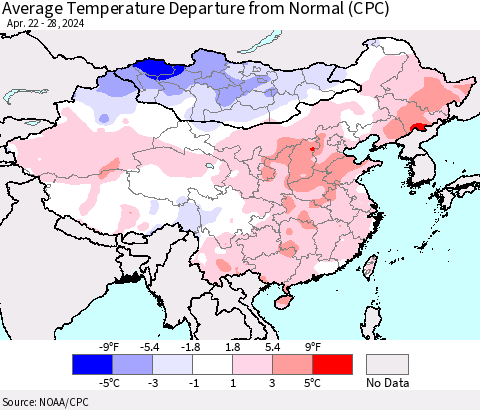 China, Mongolia and Taiwan Average Temperature Departure from Normal (CPC) Thematic Map For 4/22/2024 - 4/28/2024