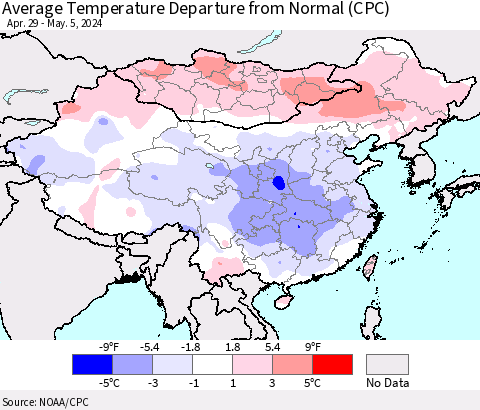 China, Mongolia and Taiwan Average Temperature Departure from Normal (CPC) Thematic Map For 4/29/2024 - 5/5/2024