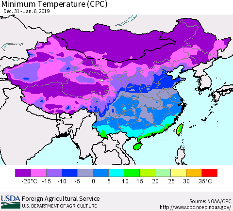 China and Taiwan Mean Minimum Temperature (CPC) Thematic Map For 12/31/2018 - 1/6/2019