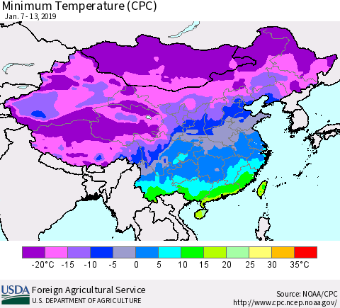 China and Taiwan Mean Minimum Temperature (CPC) Thematic Map For 1/7/2019 - 1/13/2019