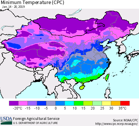 China and Taiwan Mean Minimum Temperature (CPC) Thematic Map For 1/14/2019 - 1/20/2019