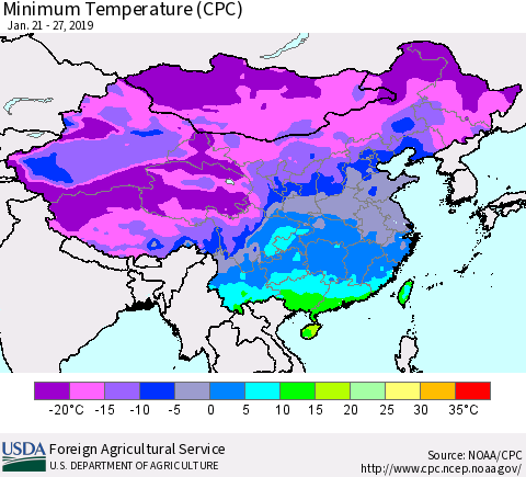 China and Taiwan Mean Minimum Temperature (CPC) Thematic Map For 1/21/2019 - 1/27/2019