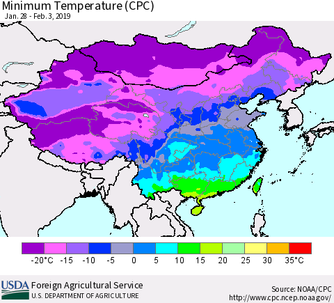 China and Taiwan Mean Minimum Temperature (CPC) Thematic Map For 1/28/2019 - 2/3/2019