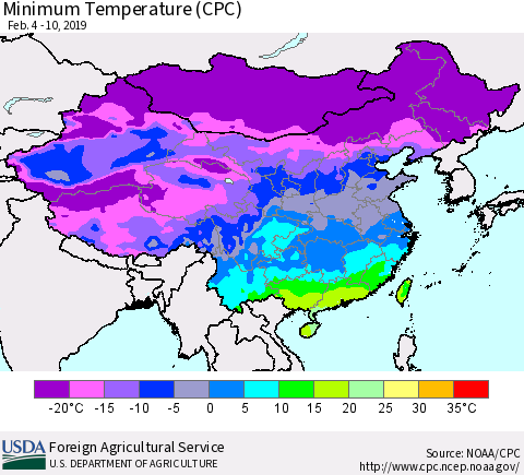 China, Mongolia and Taiwan Mean Minimum Temperature (CPC) Thematic Map For 2/4/2019 - 2/10/2019