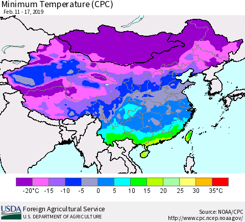 China and Taiwan Mean Minimum Temperature (CPC) Thematic Map For 2/11/2019 - 2/17/2019