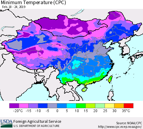 China and Taiwan Mean Minimum Temperature (CPC) Thematic Map For 2/18/2019 - 2/24/2019