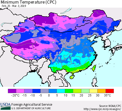 China, Mongolia and Taiwan Mean Minimum Temperature (CPC) Thematic Map For 2/25/2019 - 3/3/2019