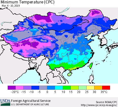 China, Mongolia and Taiwan Mean Minimum Temperature (CPC) Thematic Map For 3/4/2019 - 3/10/2019