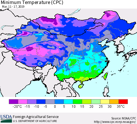 China and Taiwan Minimum Temperature (CPC) Thematic Map For 3/11/2019 - 3/17/2019