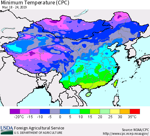 China and Taiwan Mean Minimum Temperature (CPC) Thematic Map For 3/18/2019 - 3/24/2019