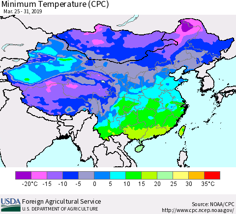 China, Mongolia and Taiwan Mean Minimum Temperature (CPC) Thematic Map For 3/25/2019 - 3/31/2019