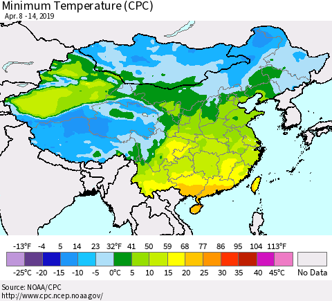 China and Taiwan Mean Minimum Temperature (CPC) Thematic Map For 4/8/2019 - 4/14/2019