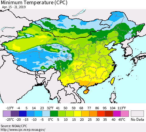 China and Taiwan Mean Minimum Temperature (CPC) Thematic Map For 4/15/2019 - 4/21/2019