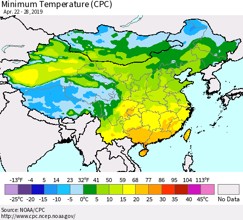 China and Taiwan Mean Minimum Temperature (CPC) Thematic Map For 4/22/2019 - 4/28/2019