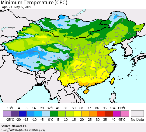 China and Taiwan Minimum Temperature (CPC) Thematic Map For 4/29/2019 - 5/5/2019