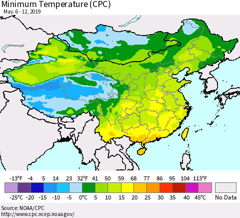 China, Mongolia and Taiwan Mean Minimum Temperature (CPC) Thematic Map For 5/6/2019 - 5/12/2019