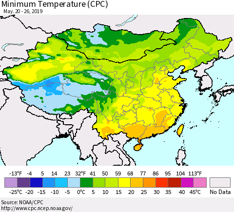 China and Taiwan Mean Minimum Temperature (CPC) Thematic Map For 5/20/2019 - 5/26/2019