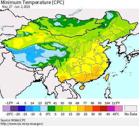 China and Taiwan Mean Minimum Temperature (CPC) Thematic Map For 5/27/2019 - 6/2/2019