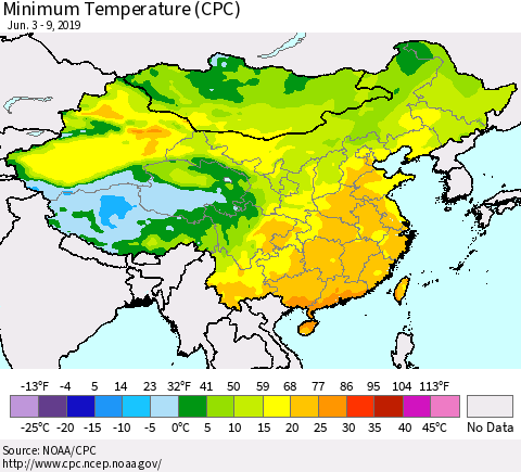 China, Mongolia and Taiwan Mean Minimum Temperature (CPC) Thematic Map For 6/3/2019 - 6/9/2019