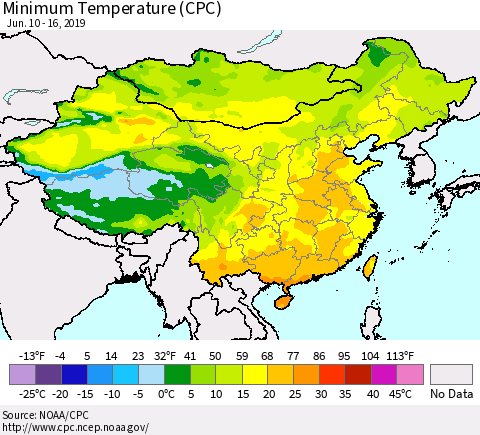 China, Mongolia and Taiwan Mean Minimum Temperature (CPC) Thematic Map For 6/10/2019 - 6/16/2019