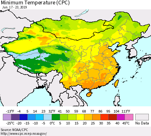 China and Taiwan Mean Minimum Temperature (CPC) Thematic Map For 6/17/2019 - 6/23/2019