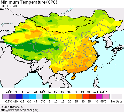 China and Taiwan Minimum Temperature (CPC) Thematic Map For 7/1/2019 - 7/7/2019