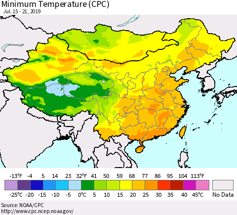 China and Taiwan Minimum Temperature (CPC) Thematic Map For 7/15/2019 - 7/21/2019