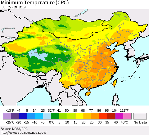 China, Mongolia and Taiwan Mean Minimum Temperature (CPC) Thematic Map For 7/22/2019 - 7/28/2019