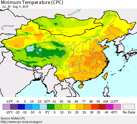 China and Taiwan Minimum Temperature (CPC) Thematic Map For 7/29/2019 - 8/4/2019
