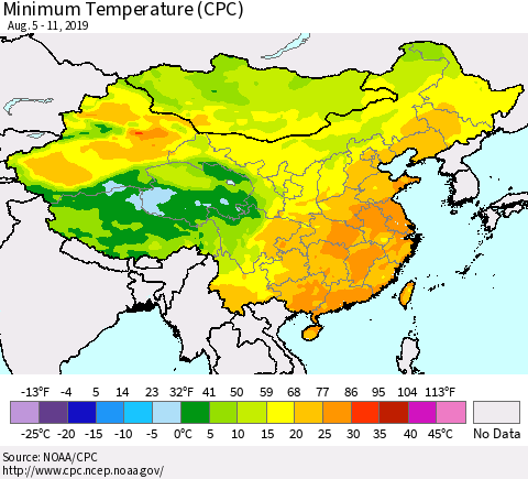 China and Taiwan Minimum Temperature (CPC) Thematic Map For 8/5/2019 - 8/11/2019